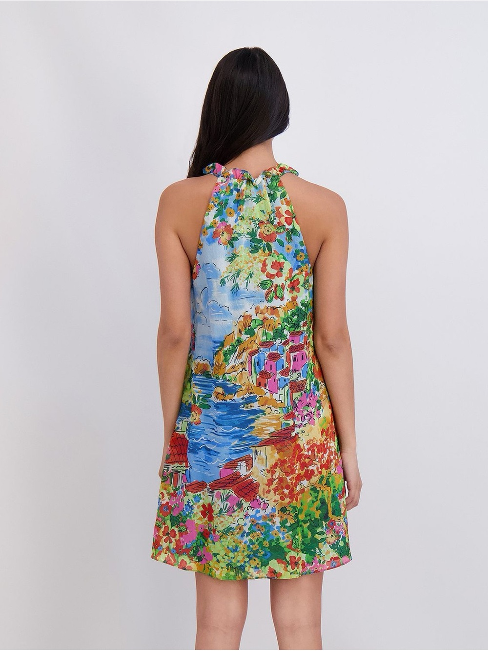 Colorful Coastal Mediterranean Floral Landscape Halter Dress M - Picture 2 of 7